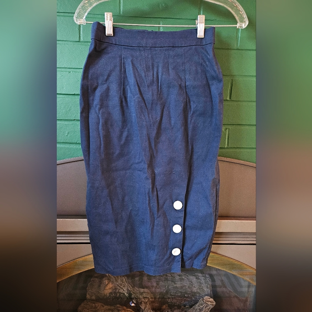 Collectif Navy Pencil Skirt with Side Button Detail